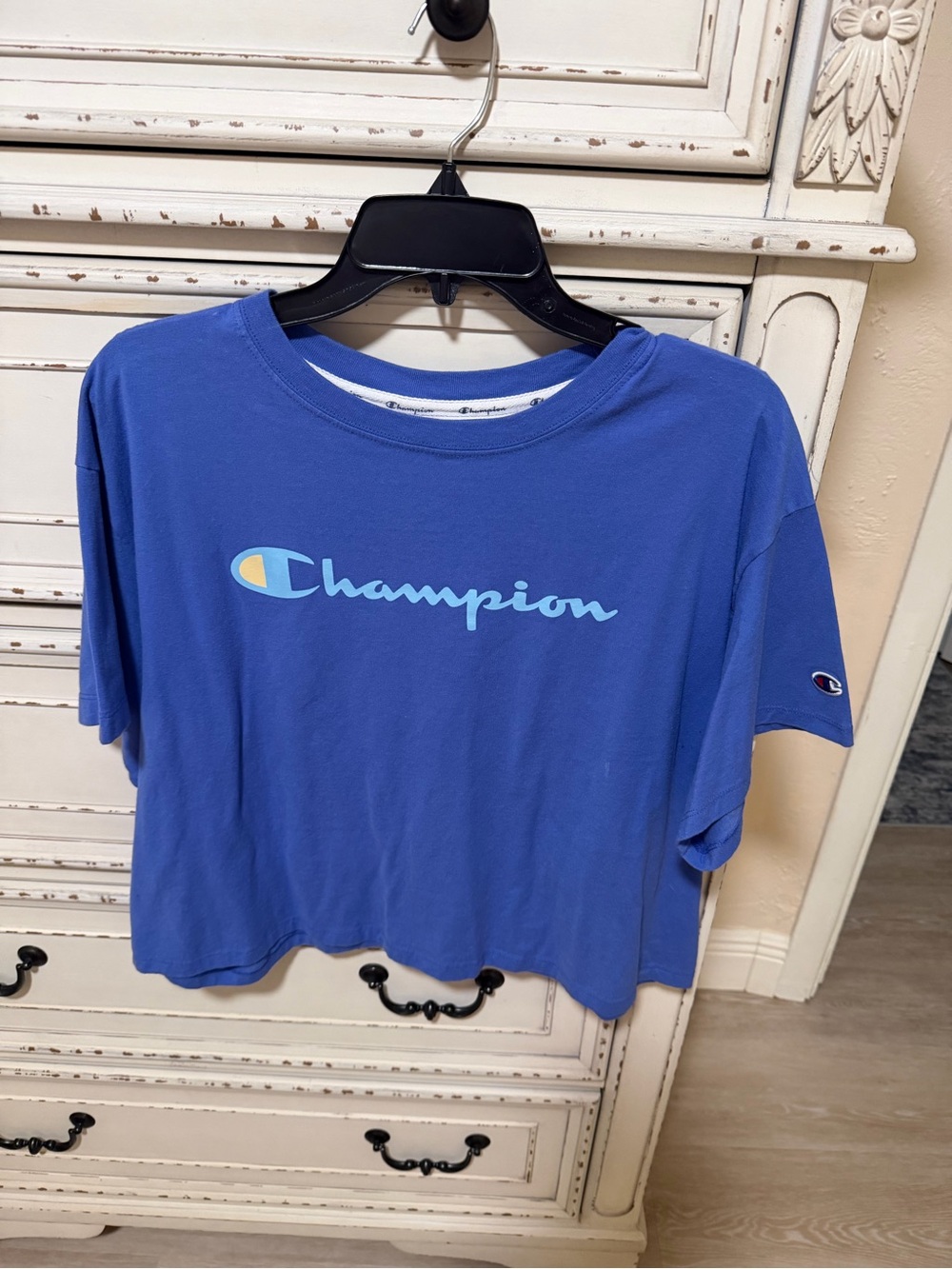 Champion Short Sleeve Logo Crop Tee in Blue with Light Yellow Accent
